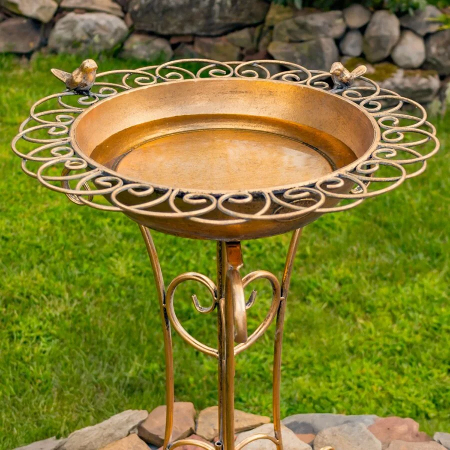 26.6" Tall Gold Birdbath-Feeder with Decorative Trim - Image 5