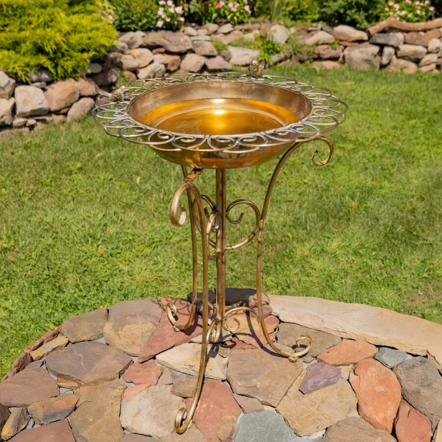 26.6" Tall Gold Birdbath-Feeder with Decorative Trim - Image 2