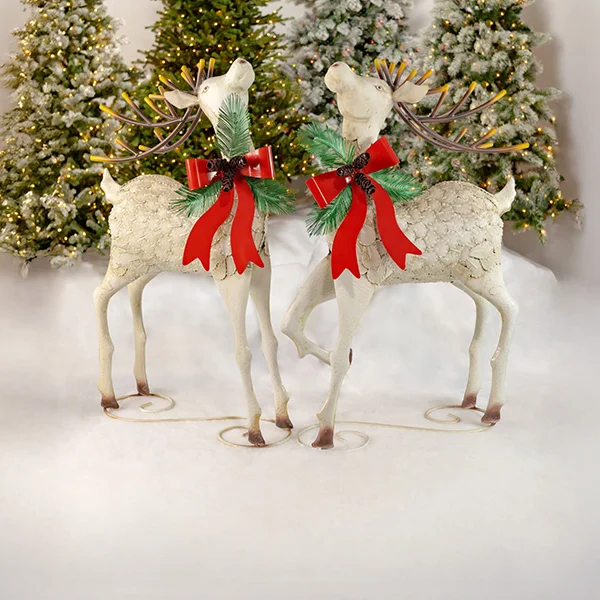 Set of 2 48In Tall Large Iron Reindeer with Pinecone Bow