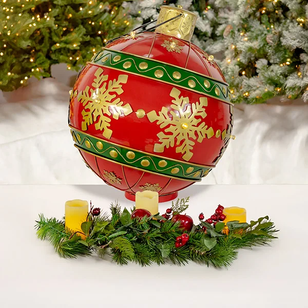 28.5In Tall Oversized Metal Christmas Ball Decoration with LED Lights