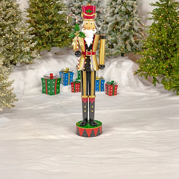 65.35In Tall Standing Iron Nutcracker in Gold with Candy Cane and LED Lights Kane