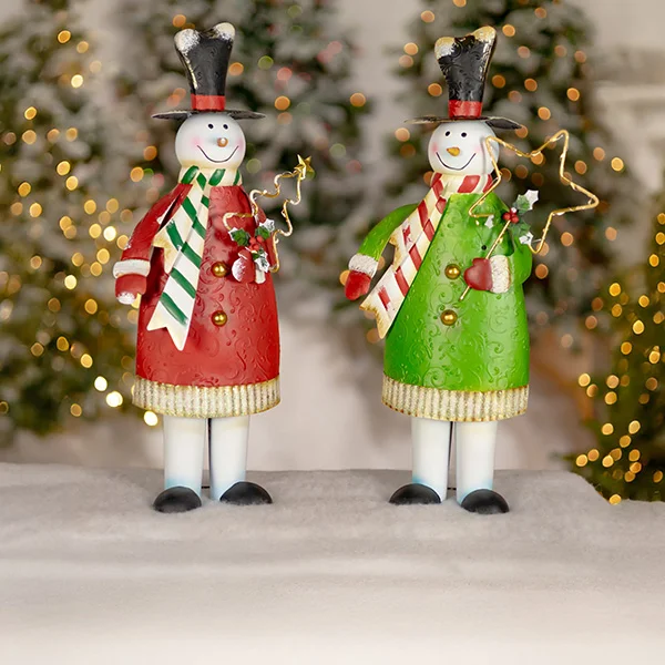Set of 2 Assorted 21.5In Tall Metal Snowmen Decorations with LED Lights