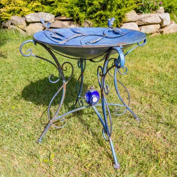 23" Tall Iron Birdbath with Bird Details & Porcelain Accent