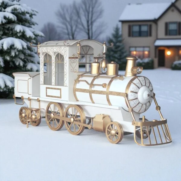 12.5 ft. Long Large Iron Christmas Train with Cart and Lanterns "The North Pole Express" - White/Gold