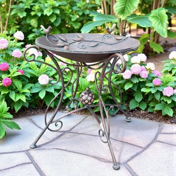 23" Tall Iron Birdbath with Bird Details & Porcelain Accent