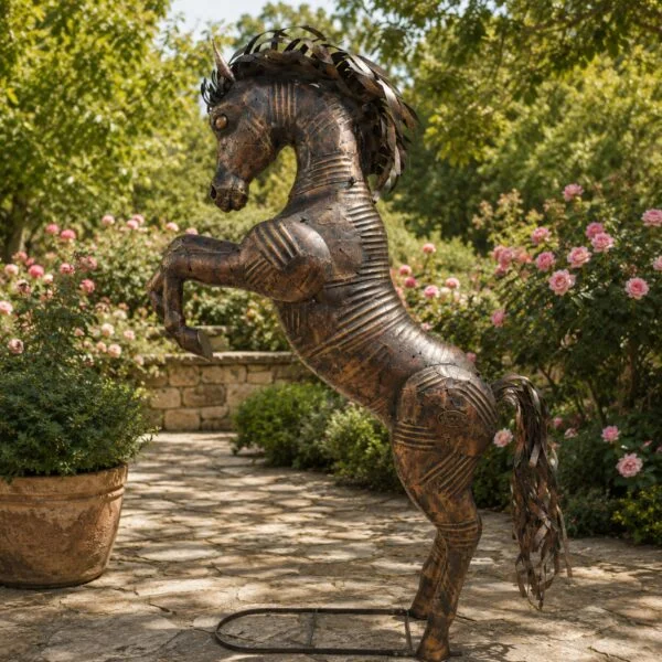 9.25ft. Tall Large Rearing Stallion Iron Garden Statue "Star"