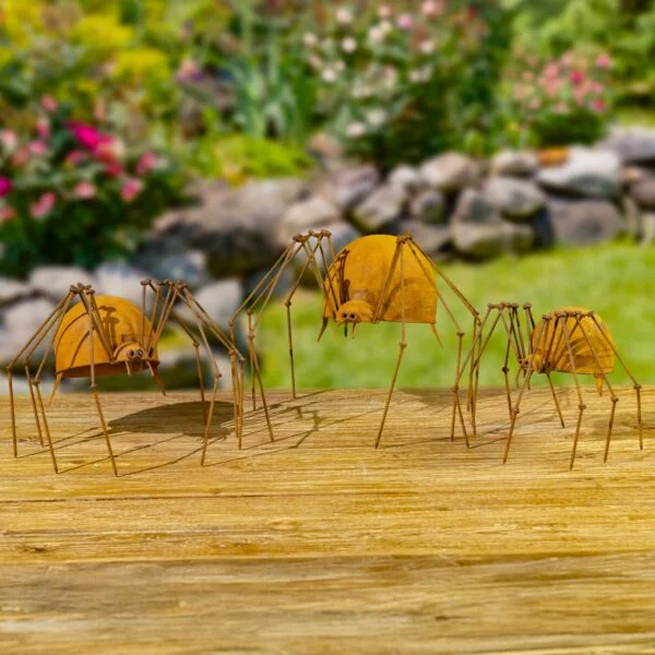 Set of 3 Assorted Metal Arachnid Garden Figurines "Whisper, Webster, & Weaver"