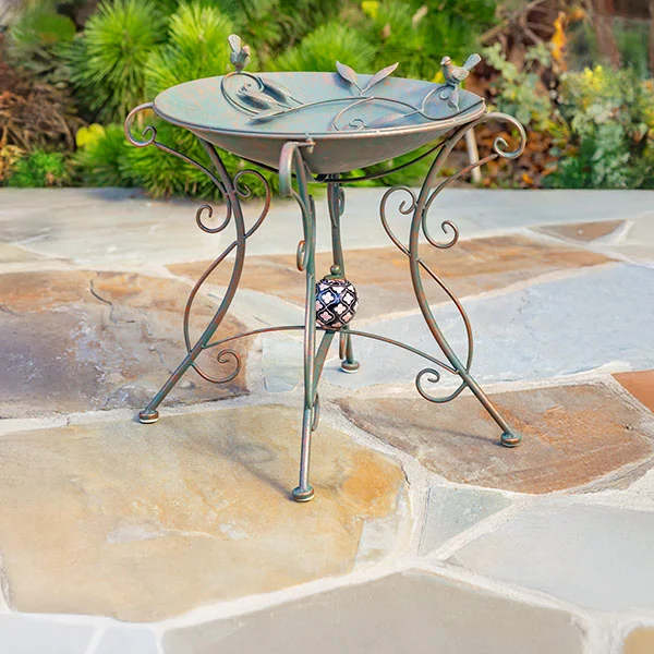 23in. Tall Iron Birdbath with Bird Details & Porcelain Accent