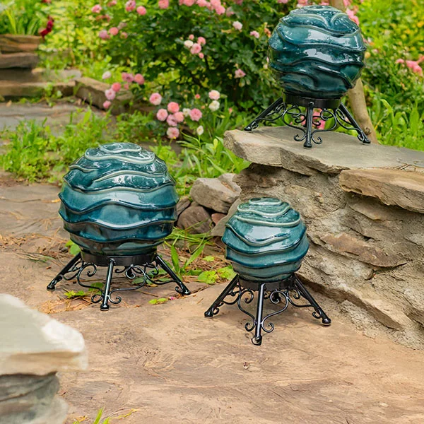 Set of 3 Assorted Ceramic Wavy Globe Gazing Balls with Stands Athens