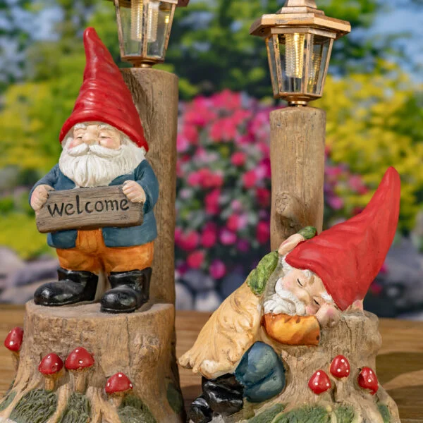 Set/2 Asst. Sleepy Woodland Gnomes w/Solar Lanterns "Gnorman & Gnolan"