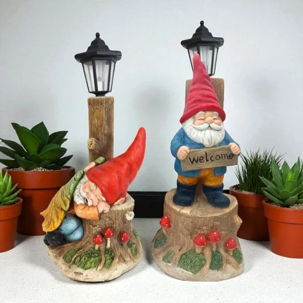 Set/2 Asst. Sleepy Woodland Gnomes w/Solar Lanterns "Gnorman & Gnolan"