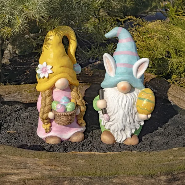 Easter Gnome Couple with Bunny Ears and Painted Eggs