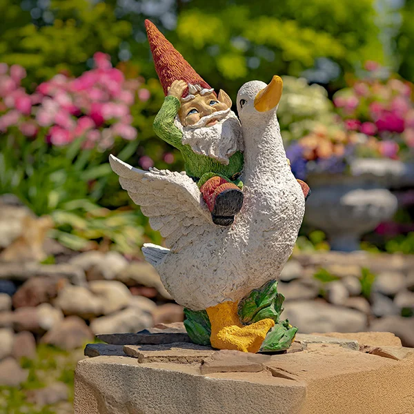 23In. Tall Spring Gnome Garden Statue Riding a Duck