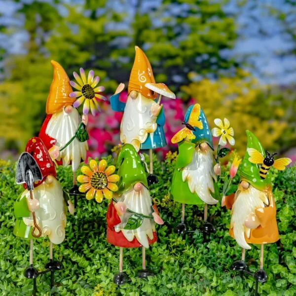 Set of 6 Assorted Colorful Gnome Pot Stakes "The Gnomads"