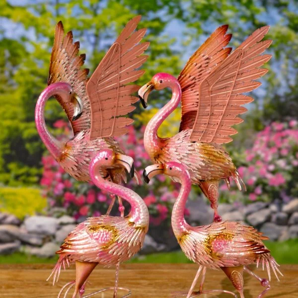 Set of 4 Assorted Elegant Metal Flamingo Garden Figurines "Florida Keys"