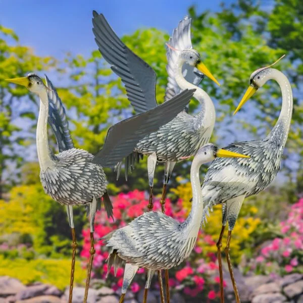 Set of 4 Assorted Great Blue Heron Metal Garden Figurines "Cuyahoga"