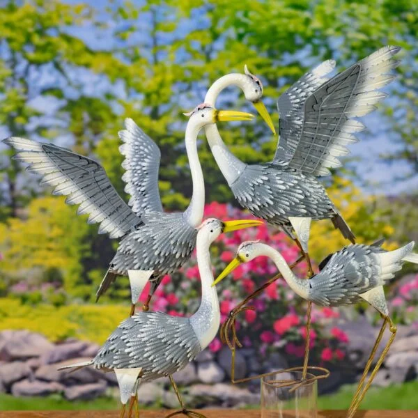 Set of 4 Assorted Great Blue Heron Metal Garden Figurines "Stony Island"