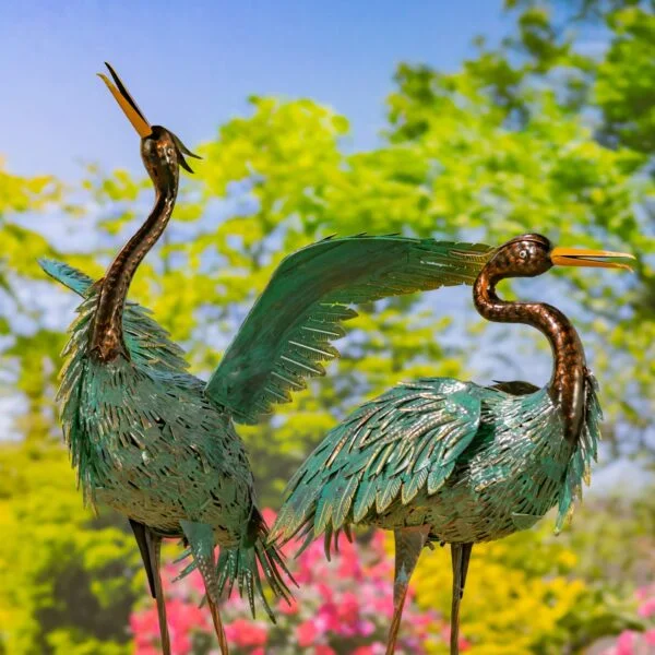 Set of 2 Assorted Hand-Painted Black & Teal Heron Garden Figurines