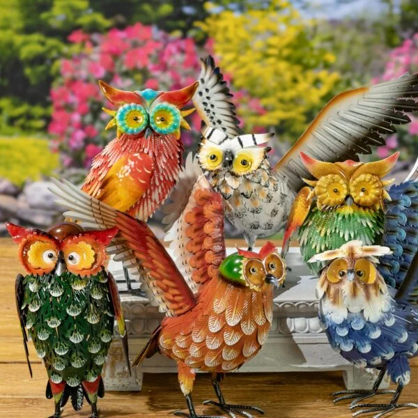 Set of 6 Assorted Hand-Painted Metal Owl Figurines