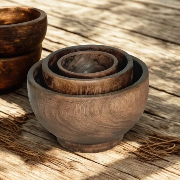 image of three nesting wooden planters with a rustic background