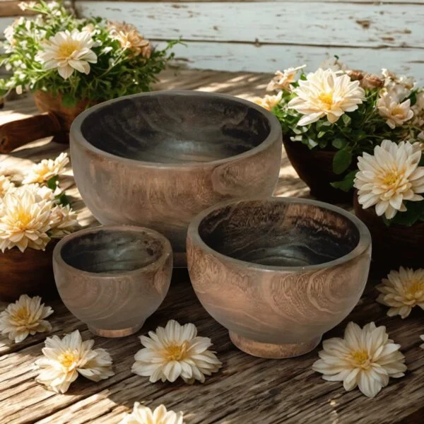 image of three wooden bowls with rustic background