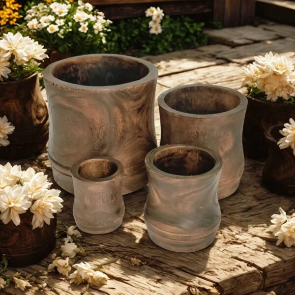 image of four wooden nesting planters with a rustic background