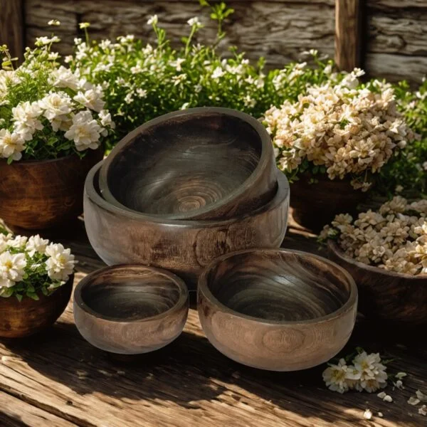 image of four wooden nesting bowls with a rustic background