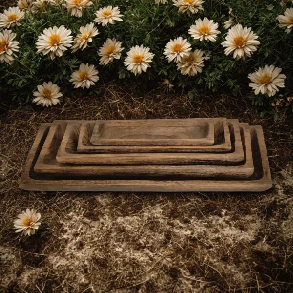 image of five wooden nesting trays with a rustic outdoor background