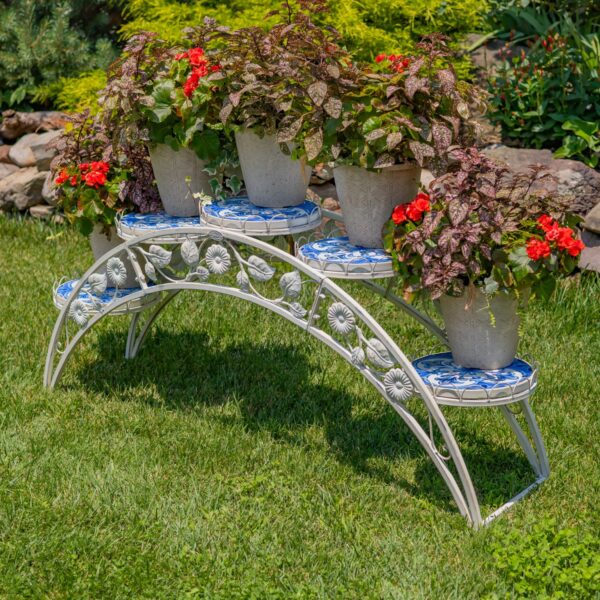 5ft Santorini Bridge-Like Iron & Mosaic Plant Stand in White "Écusson"
