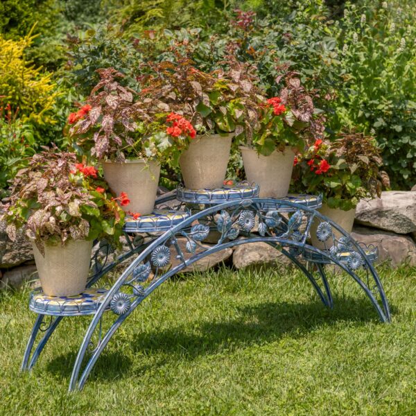 5ft. Santorini Bridge-Like Iron & Mosaic Plant Stand in Blue "Piazza"
