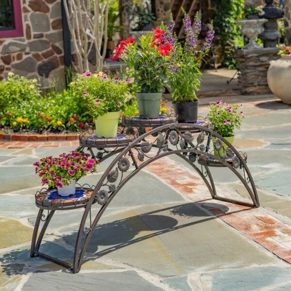 5ft Santorini Bridge-Like Iron & Mosaic Plant Stand in Bronze "Basilica"