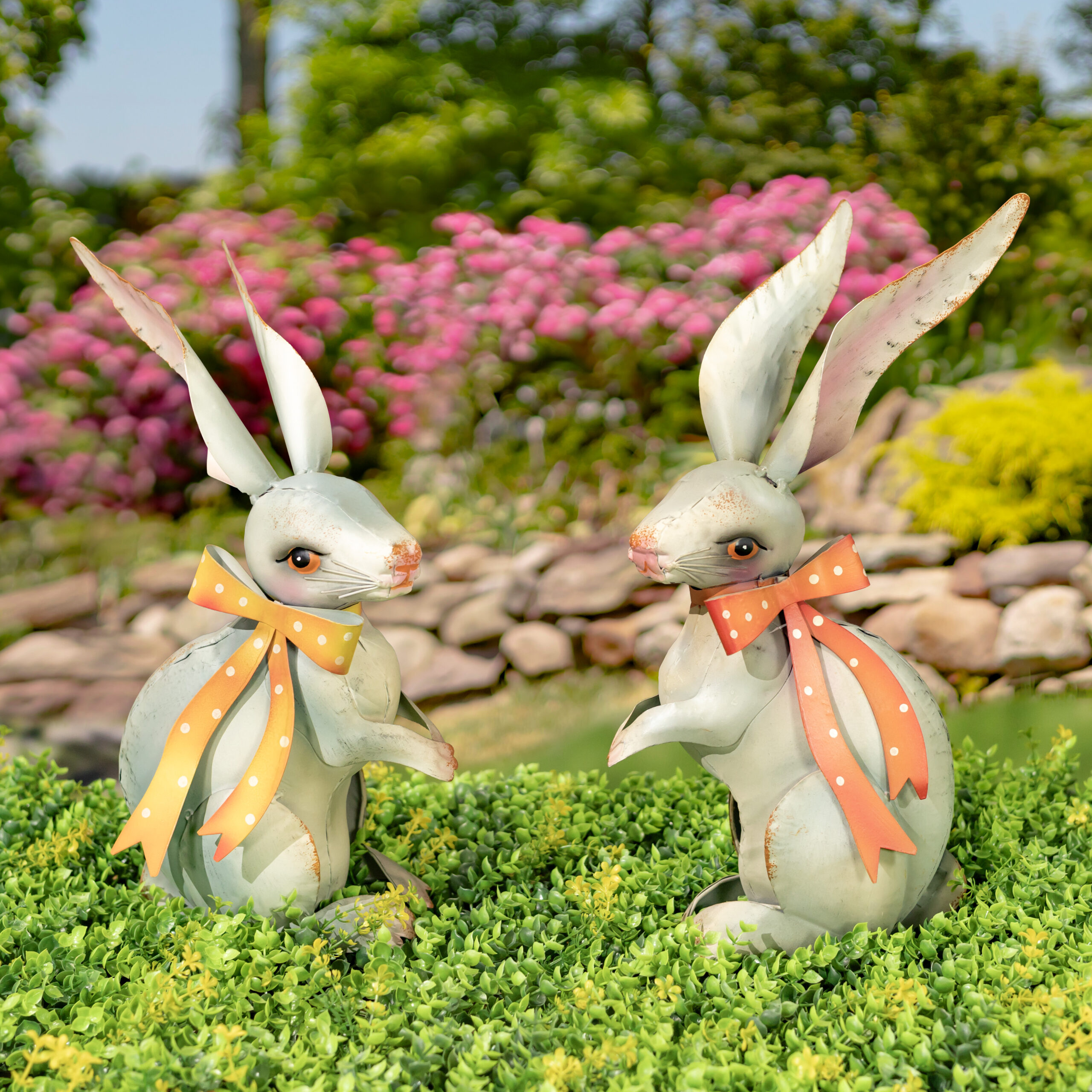 Set of 2 Assorted White Rabbit Metal Garden Figurines with Ribbons - Lesera