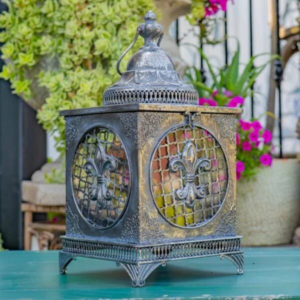 19" Tall Square Iron/Glass Lantern "Fleur-De-Lis"