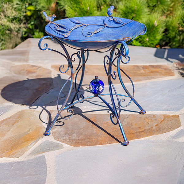 23in Tall Iron Birdbath with Bird Details & Porcelain Accent