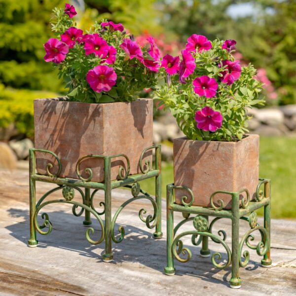 Set of 2 Assorted Ceramic Cube Planters with Metal Tripod Stands