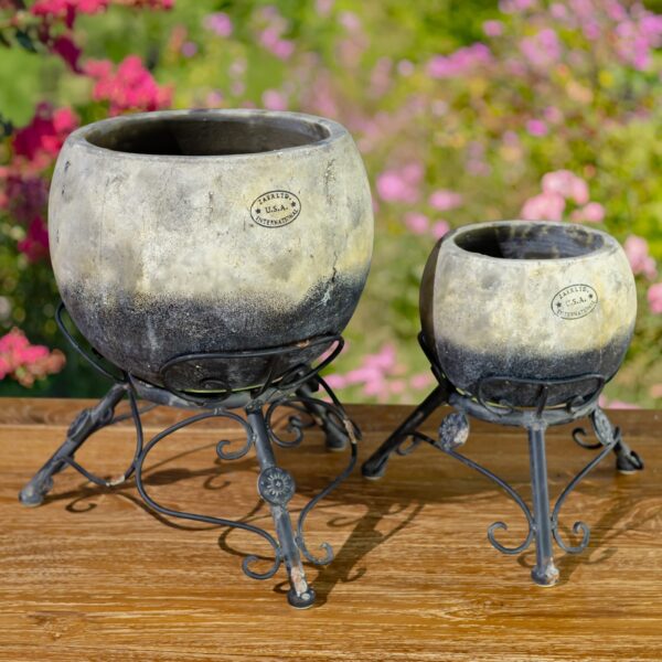 Set of 2 Assorted Ceramic Globe Planters with Metal Tripod Stands