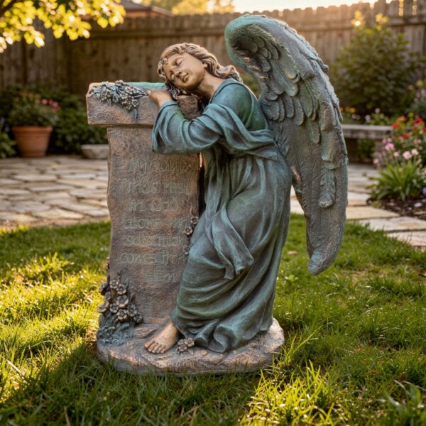 34" Tall Mourning Magnesium Angel Statue with Scripture Engraved Pedestal "Hali"