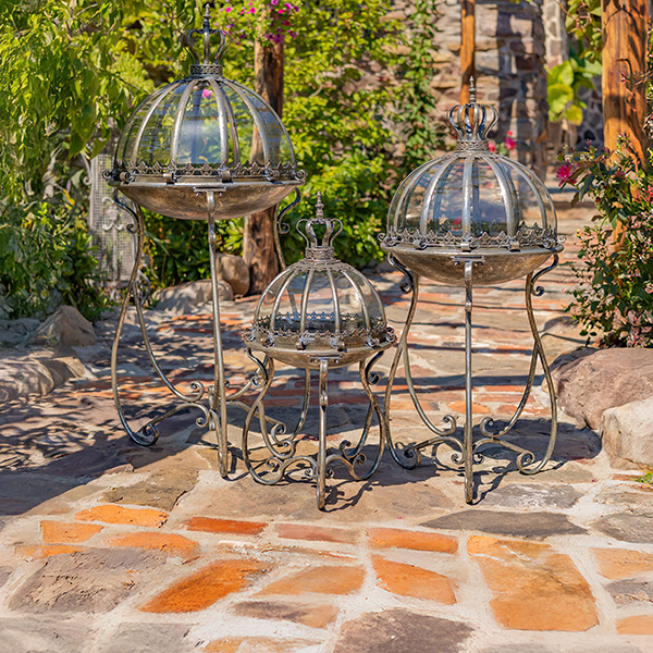 Set of 3 Glass Dome Terrariums with Iron Stands Marseille 1792