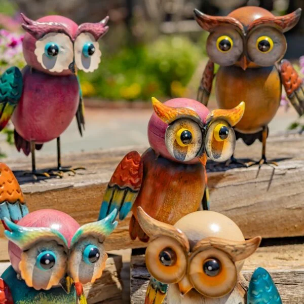 Set of 6 Assorted Vibrant Metal Owl Figurines "Perky Parliament"