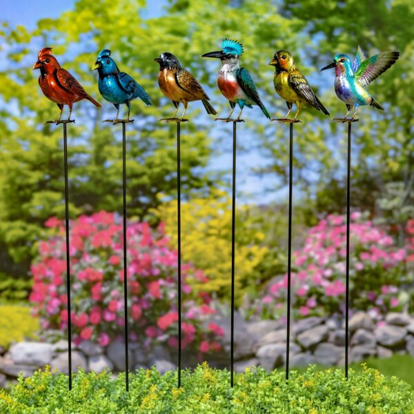 Set of 6 Assorted Metallic Painted Bird Iron Pot Stakes