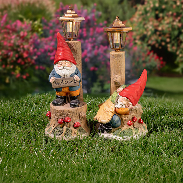 Set of 2 Assorted Sleepy Woodland Gnomes with Solar Lanterns Gnorman & Gnolan