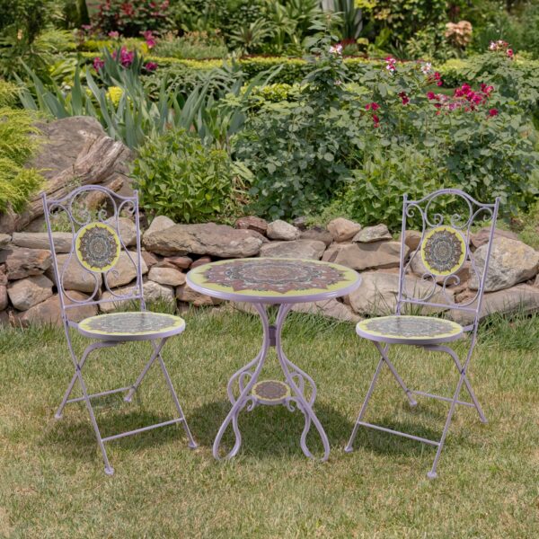 "Portofino" Three Piece Round Mosaic Bistro Set - Purple/Yellow