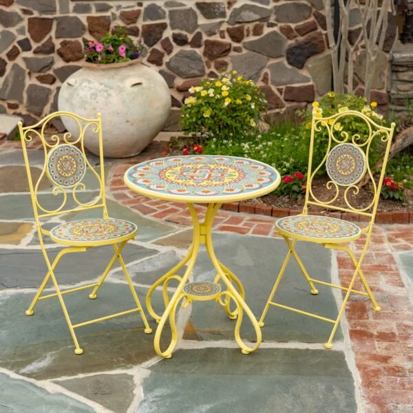 "Palermo" Three Piece Round Mosaic Bistro Set - Yellow/Light Blue