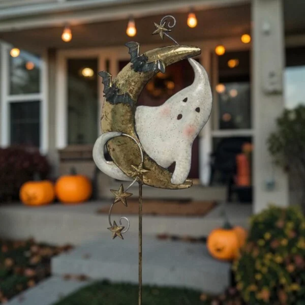 39.25" Tall Metal Ghost on Crescent Moon Halloween Garden Stake "Luna Boo"