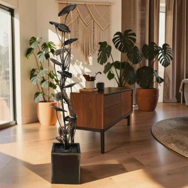 84" Tall Iron Cascading Lily Pad Fountain with Square Basin