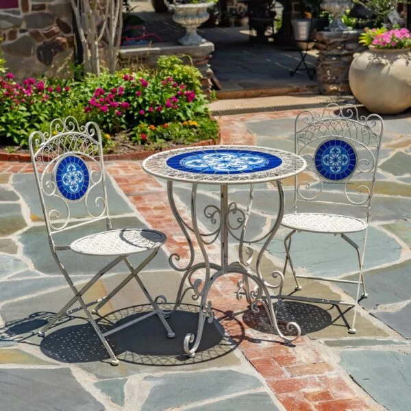 Catalonia Three-Piece Mosaic Bistro Set – Antique Grey "Girona" & Antique White "Écusson"