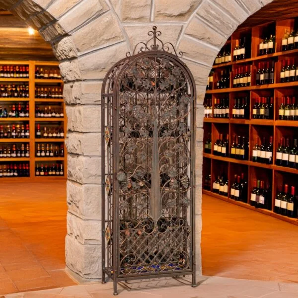 77.5" Tall Catalonia 97-Bottle Iron Wine Rack Cabinet – Antique Bronze "Basilica & Tarragona" & Green-Brown "Antigone & Trento"