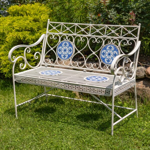 43" Long Montpellier Mosaic Metal Garden Bench – Antique White "Écusson" & Antique Bronze "Antigone"