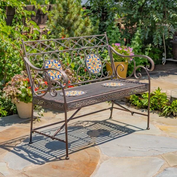 43" Long Montpellier Mosaic Metal Garden Bench – Antique White "Écusson" & Antique Bronze "Antigone"