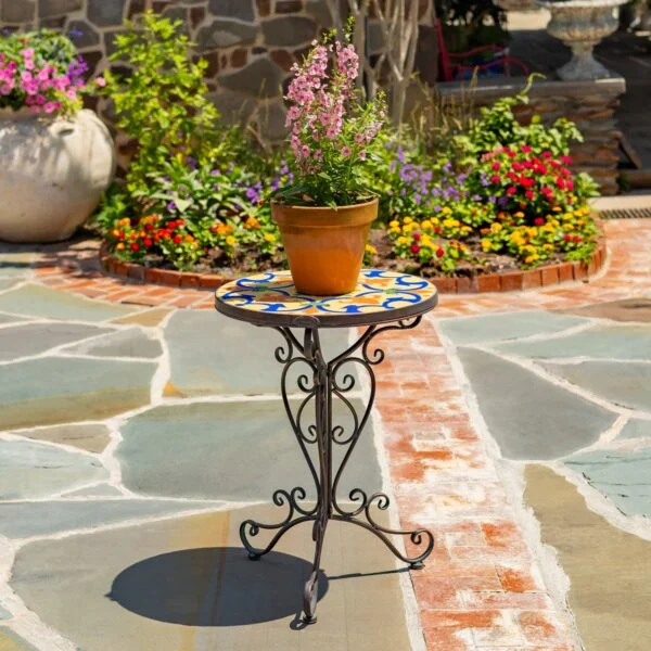 27.5" Tall Montpellier Mosaic Plant Stand Table – Antique White "Écusson" & Antique Bronze "Antigone"